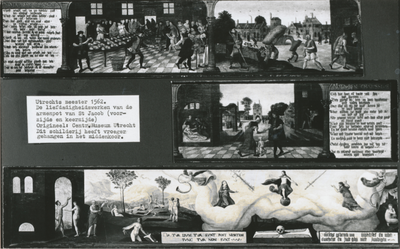 863770 Collage van 3 foto's betreffende het beschilderde bord met de liefdadigheidswerken van de armenpot van St. Jacob ...